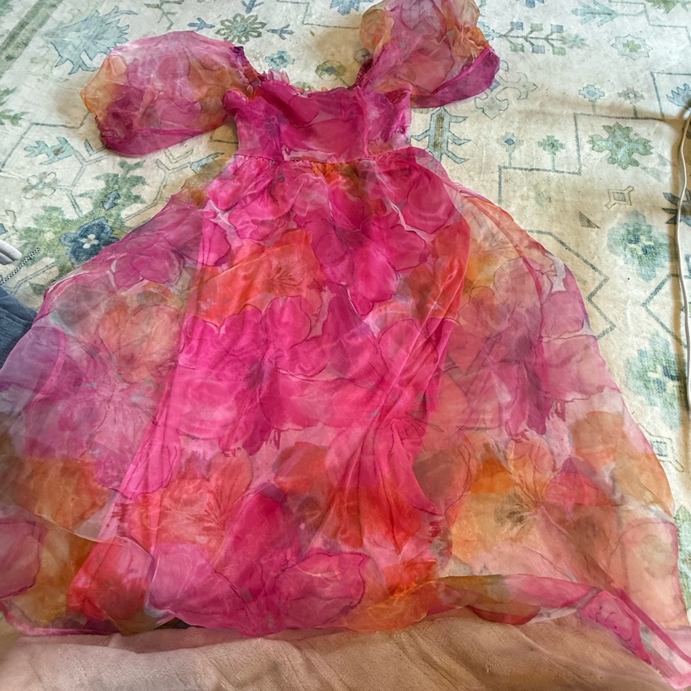 Women’s Midi Floral Organza Dress in Pink and Orange